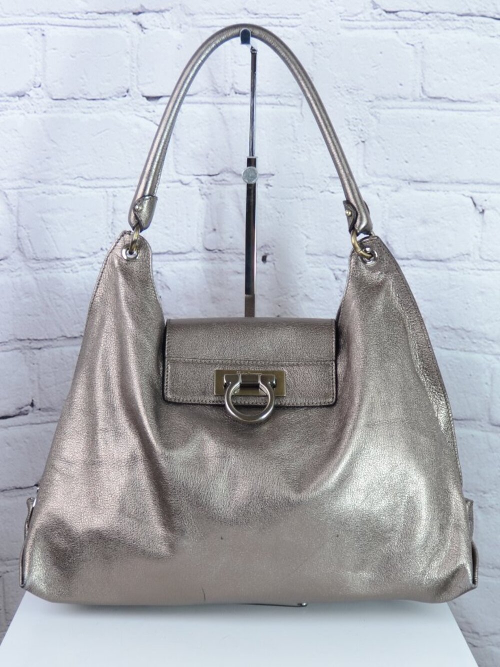 SALVATORE FERRAGAMO Fanisa Gancini Metallic Leather Hobo Bag
